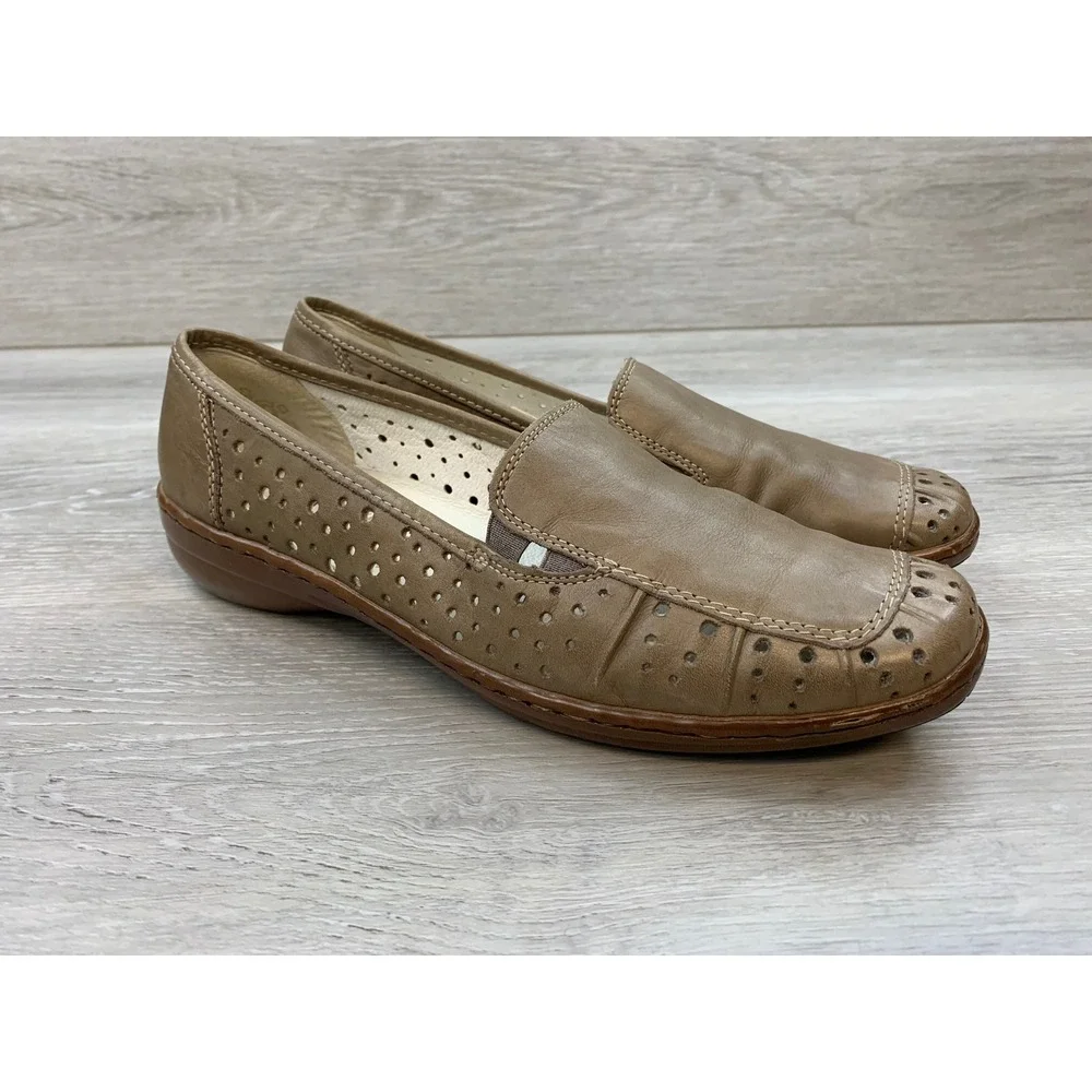Rieker Women's Brown Leather Perforated Slip On Loafers Size 39 EU 8 US Shoes